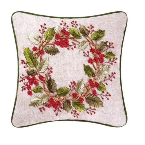 Embroidered wreath cushion, holiday decor.