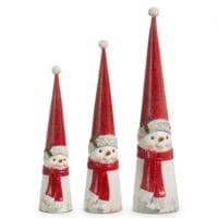 Three snowmen in red hats and scarves.