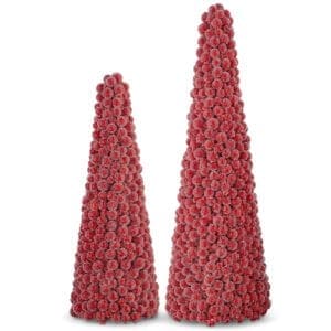 Set of 2 cone-shaped topiaries, covered in red foam berries and "iced" in clear acrylic pearls.