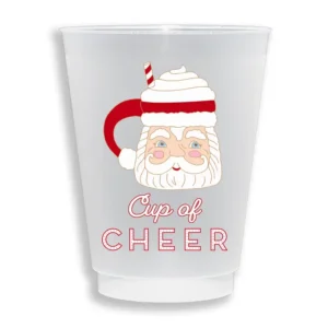 One disposable cup in frosted plastic featuring a cocoa mug shaped like Santa Claus. The mug's handle is formed by the end of Santa's hat curling outward and connecting at the bottom of Santa's beard. The body of the mug is Santa's face. Below the Santa mug, the cup says Cup of Cheer.
