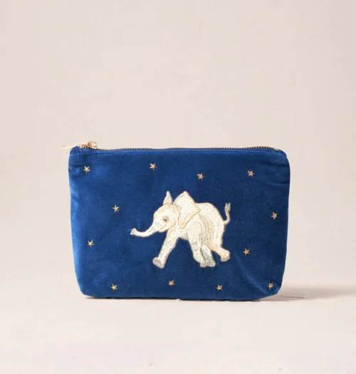 Blue velvet pouch; embroidered elephant.