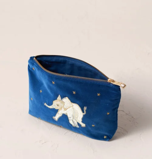 Blue velvet pouch; embroidered elephant.