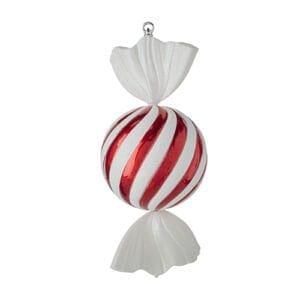 Giant Peppermint Candy Ornament. A ball of red candy with sparkly white stripes twisting around it has white candy wrapper twists extending from two opposite sides.
