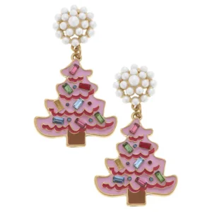 Pair of pink enamel Christmas trees with colorful rhinestone ornaments hanging from faux-pearl studs.