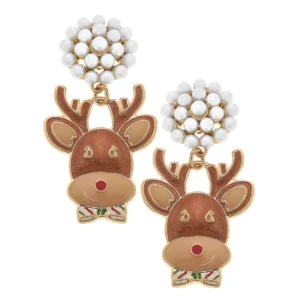Pair of enamel red-nosed Reindeer head earrings with pearl studded posts. Reindeer are smiling and wearing red and green striped bowties.
