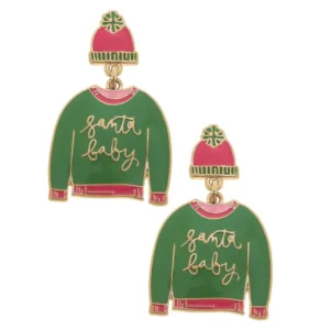 Pair of enamel earrings- Green Sweatshirts with pink trimming featuring "Santa Baby" in gold cursive letters, hanging down from pink toboggan hats with green pom-poms.