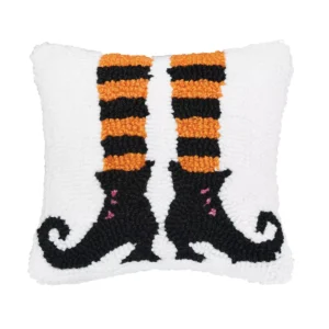 small hooked throw pillow with witches legs and boots black and orange