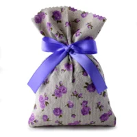 Purple floral drawstring bag with bow.