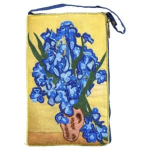Club bag beaded handbag with yellow background and blue Irises in a vase, in the style of Van Gogh.