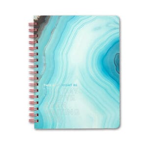 Spiral-bound aqua marble journal; inspirational quote.