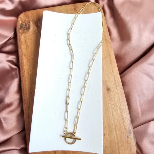 Gold paperclip necklace with toggle clasp.