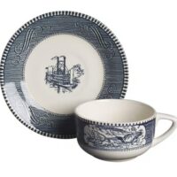 Currier & Ives Blue Flat Cup & Saucer (Set of 4)