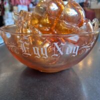 Marigold Carnival Glass Jeanette Egg Nog Bowl & 12 cups