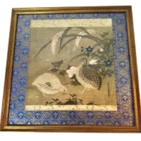Tosa Mitsuoki (1600s) "Quail and Flowers" Silk Print Repro  ca.1980 (Professionally Framed)