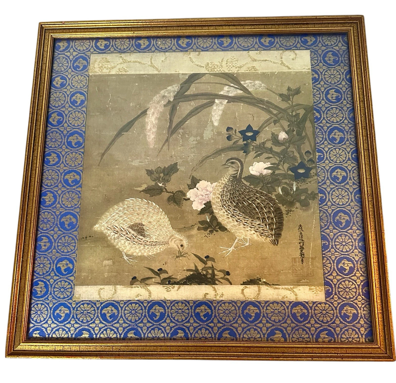 Tosa Mitsuoki (1600s) "Quail and Flowers" Silk Print Repro ca.1980 (Professionally Framed)