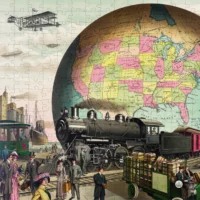 I Go to Pieces Wooden Puzzle: 20th Century Transportation in Apothecary Jar